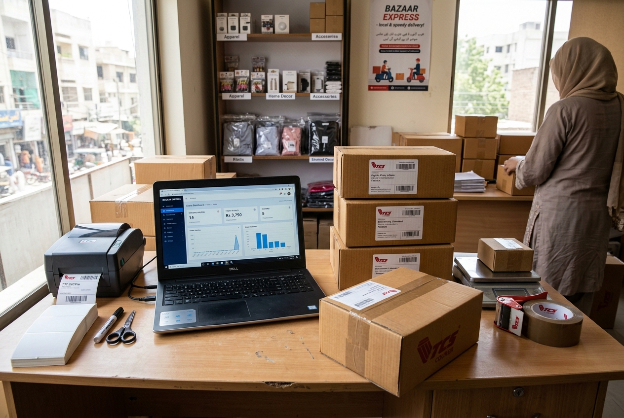A local Pakistani seller packing packages with orders dashboard visible on laptop screen