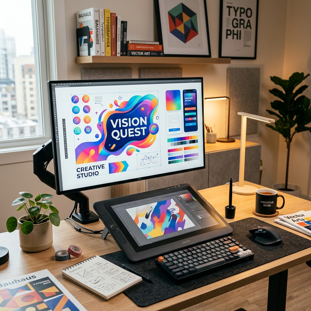 A graphic designer's workspace with color charts, vector templates and styling stylus