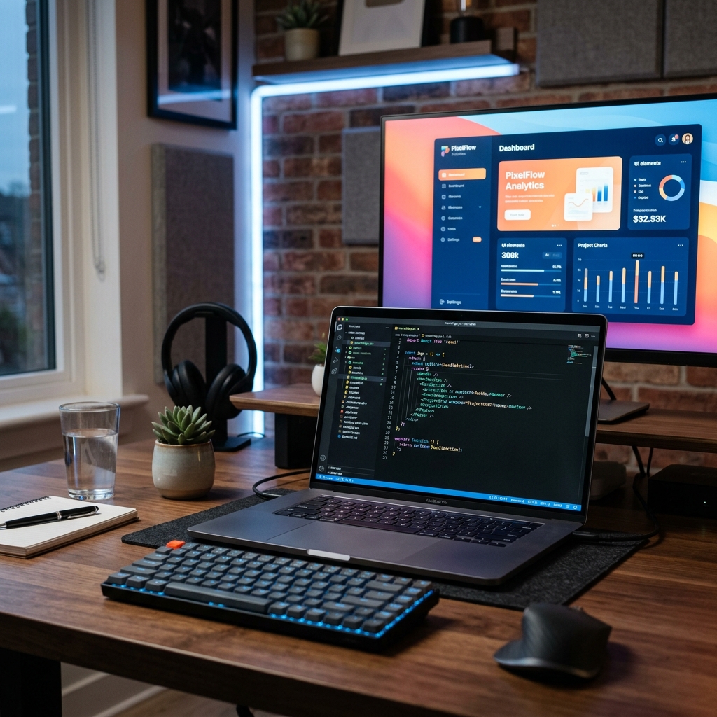 A web developer workstation showing code lines, folder structures, and API endpoint tests